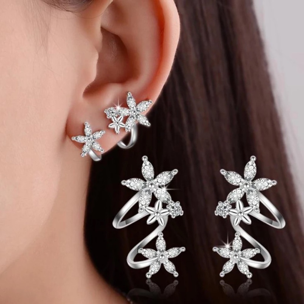 Whimsical 925 Silver Crystal Flower Earring Cuffs